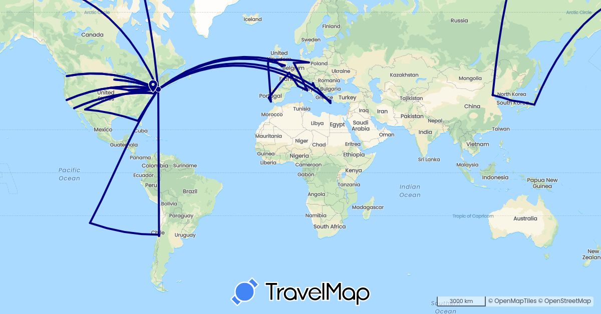 TravelMap itinerary: driving in Chile, China, Germany, France, United Kingdom, Greece, Croatia, Ireland, Italy, Japan, South Korea, Netherlands, Portugal, United States (Asia, Europe, North America, South America)